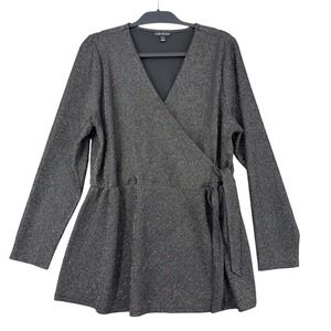 Lane Bryant Women Black Metallic Shimmer Wrap Peplum Top Long Sleeve Plus 14/16